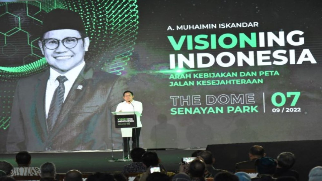 Wakil Ketua DPR RI Abdul Muhaimin Iskandar saat sambutan dalam acara peluncuran buku berjudul 'Visioning Indonesia' di Dome Spark, Senayan, Jakarta, Rabu (7/9/2022). (Oji/Man)