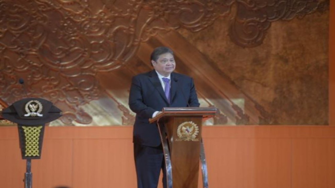 Menteri Koordinator Bidang Perekonomian Indonesia Airlangga Hartarto saat opening remarks P20 di hadapan para Pimpinan DPR dan para delegasi anggota P20 di Gedung Nusantara II, Senayan, Jakarta, Rabu (5/10/2022). (Jaka/nvl)