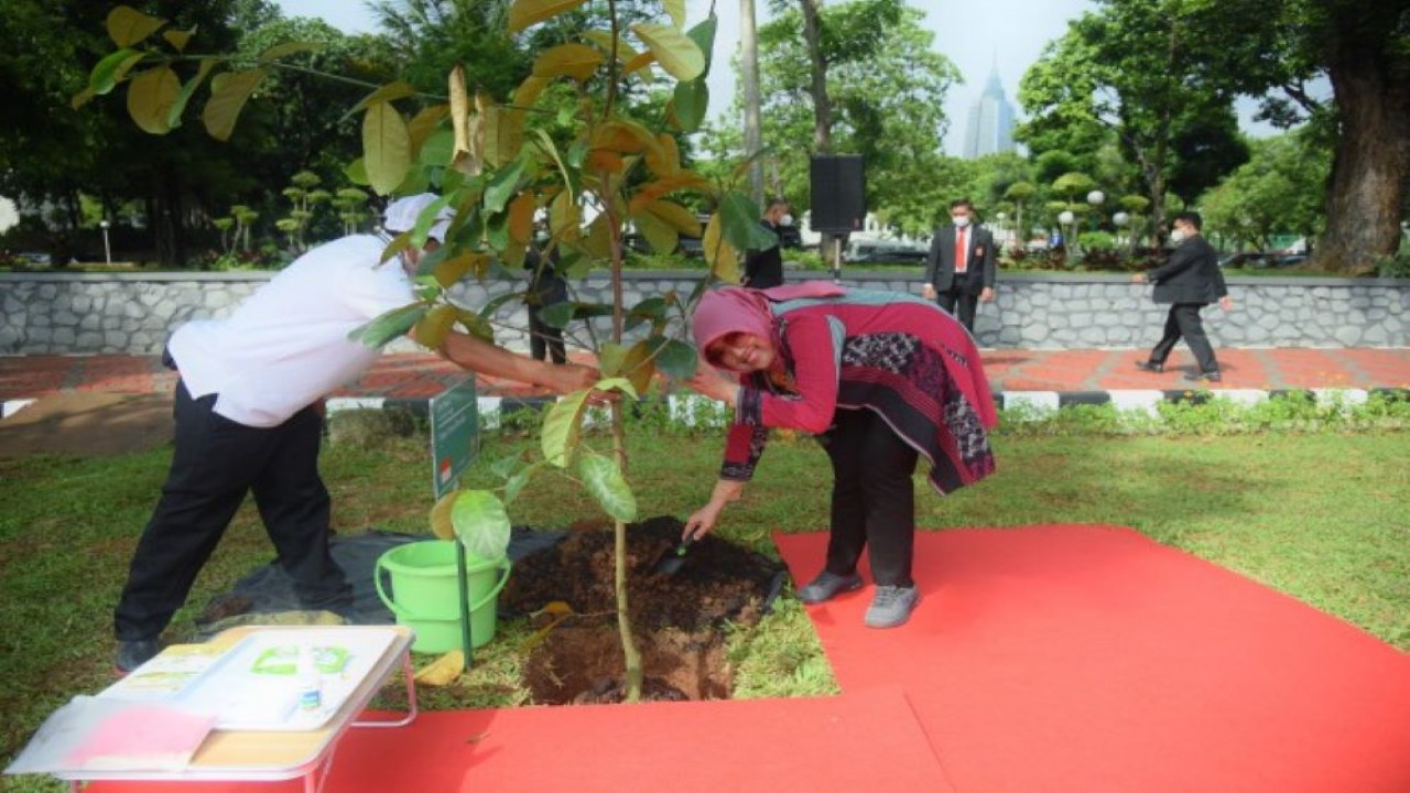 Anggota Komisi IV Endang Setyawati Thohari saat melakukan 'Tree Planting to Commemorate P20 Indonesia 2022' di Taman Energi Surya DPR RI, Senayan, Jakarta, Jumat (7/10/2022). (Runi/nvl)