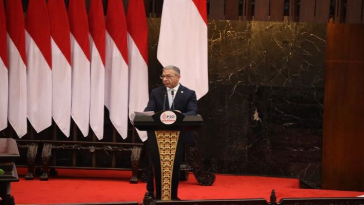 Presiden International Parliamentary Union (IPU) Duarte Pacheco saat sambutan pembukaan The 8th G20 Parliamentary Speakers Summit (P20) di Gedung Nusantara II, Senayan, Jakarta, Kamis (6/10/2022). (Faisal/nvl)