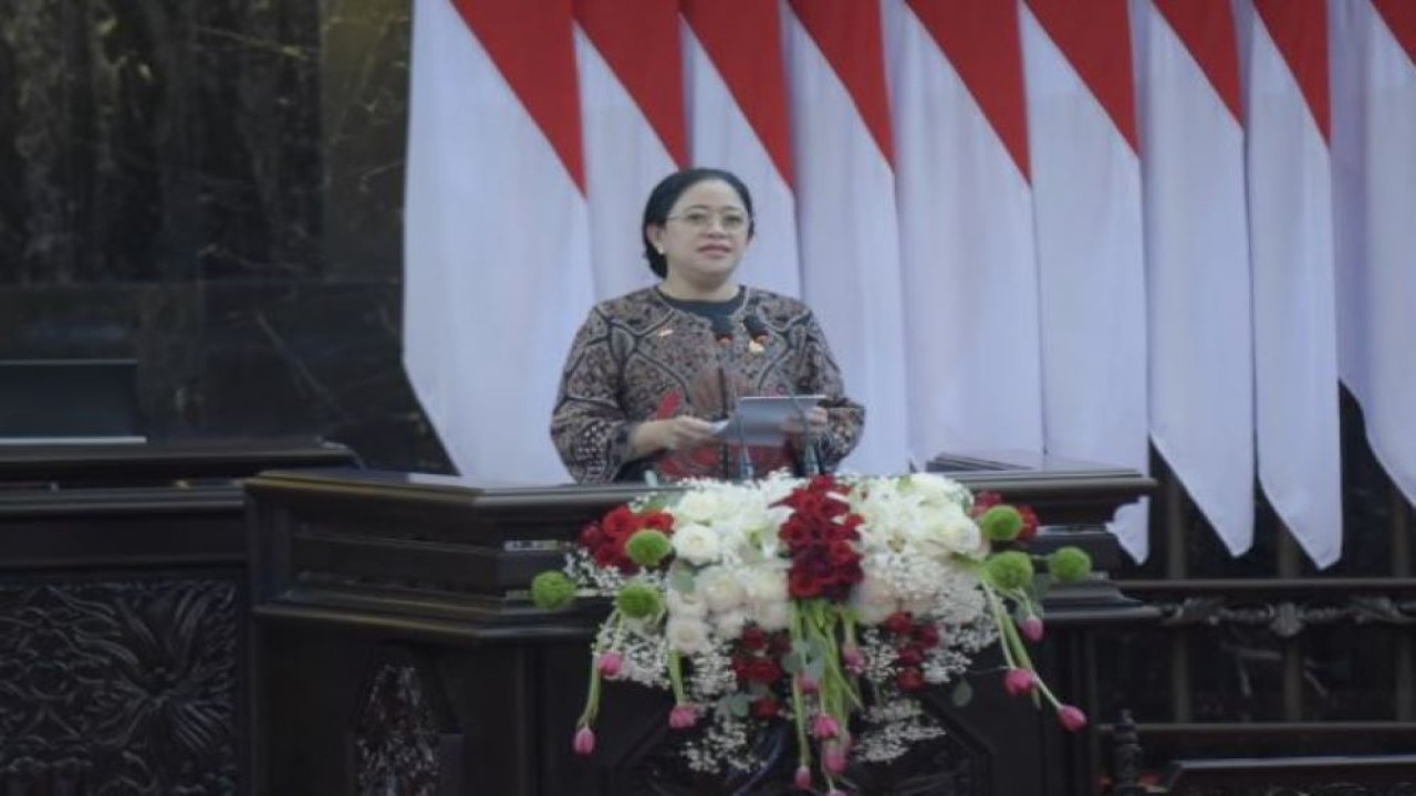 Ketua DPR RI Dr. (H.C) Puan Maharani saat sambutan pada pembukaan pelaksanaan P20 Speaker's Summit di Gedung Nusantara, Senayan, Jakarta, Kamis (6/10/2022). (Jaka/nvl)