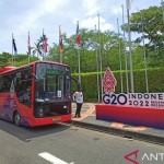 Sejumlah bus listrik bersiap di kawasan Bali International Convention Center, Badung, Bali, Selasa (15/11/2022). (ANTARA/Fathur Rochman)-1668568968