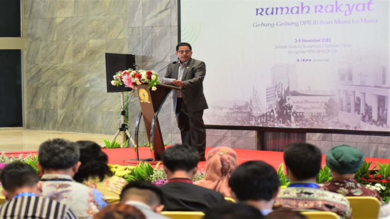 Sekretaris Jenderal (Sekjen) DPR RI Indra Iskandar dalam sambutannya di acara Pameran tersebut, Senayan, Jakarta, Rabu (2/11/2022). (Jaka/Man)