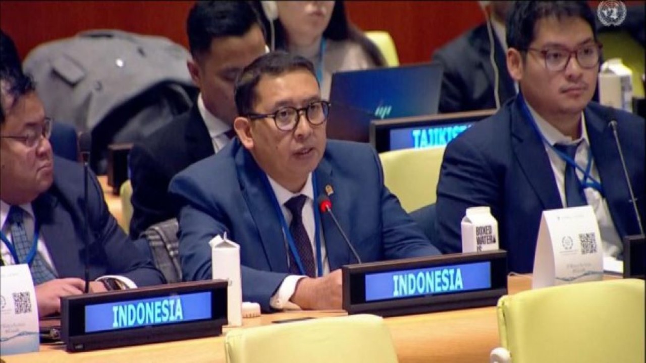 Ketua Badan Kerja Sama Antar Parlemen (BKSAP) DPR RI Fadli Zon dalam intervensinya pada forum Parliamentary Hearing at The United Nations di New York, Amerika Serikat (AS), pada 13-14 Februari 2023. (Ist/Man)