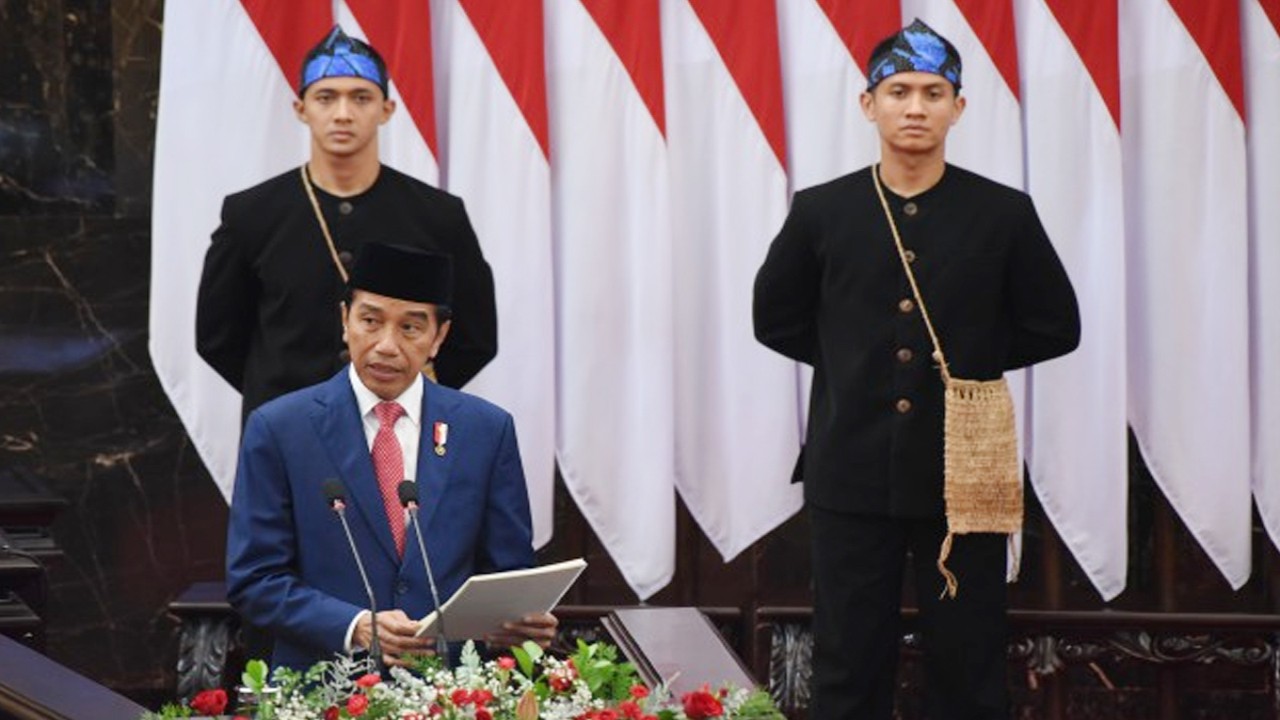 Presiden Republik Indonesia Joko Widodo dalam Rapat Paripurna Penyampaian Keterangan Pemerintah atas RUU tentang APBN Tahun Anggaran APBN 2024 Beserta Nota Keuangannya, di Ruang Rapat Paripurna, Gedung Nusantara, Senayan, Jakarta, Rabu (16/8/2023). Foto : Devi/Man