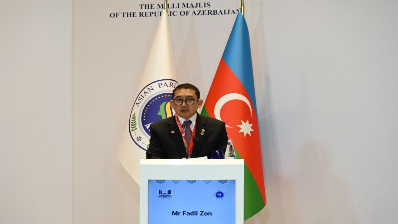 Ketua Badan Kerja Sama Antar Parlemen (BKSAP) DPR RI Fadli Zon saat menghadiri Sidang Pleno ke-14 Asian Parliamentary Assembly (APA) di Baku, Azerbaijan, Kamis (22/2/2024). Foto : Bianca/Man