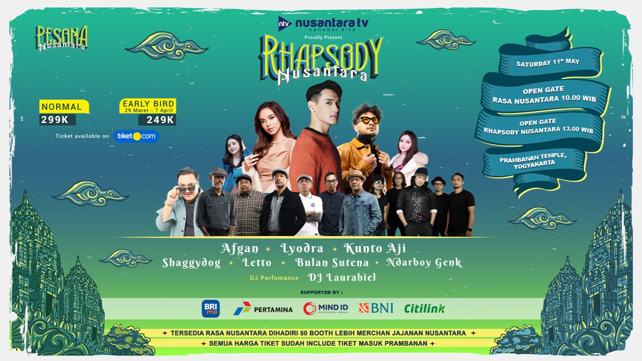 Nusantara TV menghadirkan konser musik Rhapsody Nusantara sebagai bagian event besar Pesona Nusantara di Candi Prambanan, Yogyakarta, Sabtu, 11 April 2024.