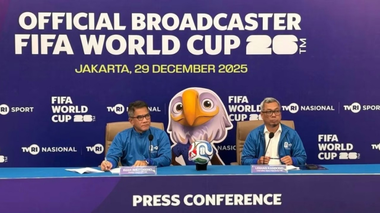 Konferensi pers TVRI sebagai pemegang hak siar Piala Dunia 2026 di Gedung TVRI, Senayan, Jakarta, Senin (29/12/2025). (ANTARA/FAJAR SATRIYO)
