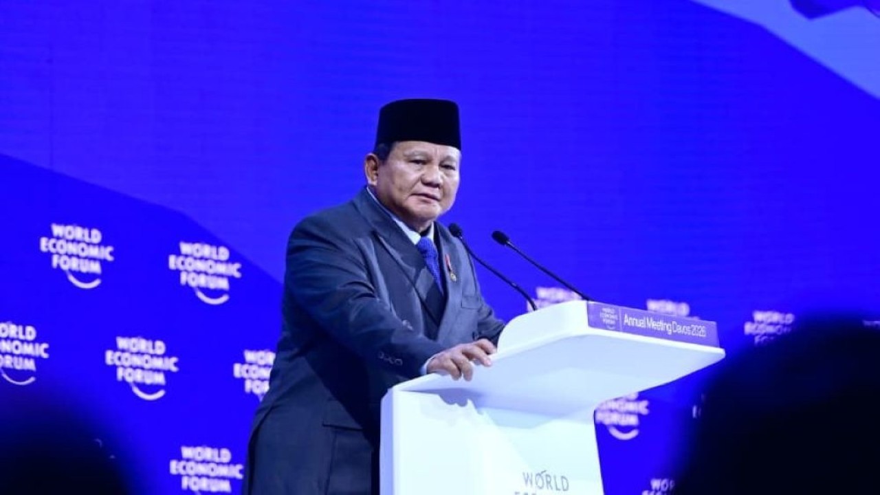 Presiden Prabowo Subianto menyampaikan pidatonya di World Economic Forum (WEF) 2026 di Davos, Swiss, Kamis (22/1/2026). (Foto: Dok/Istimewa)