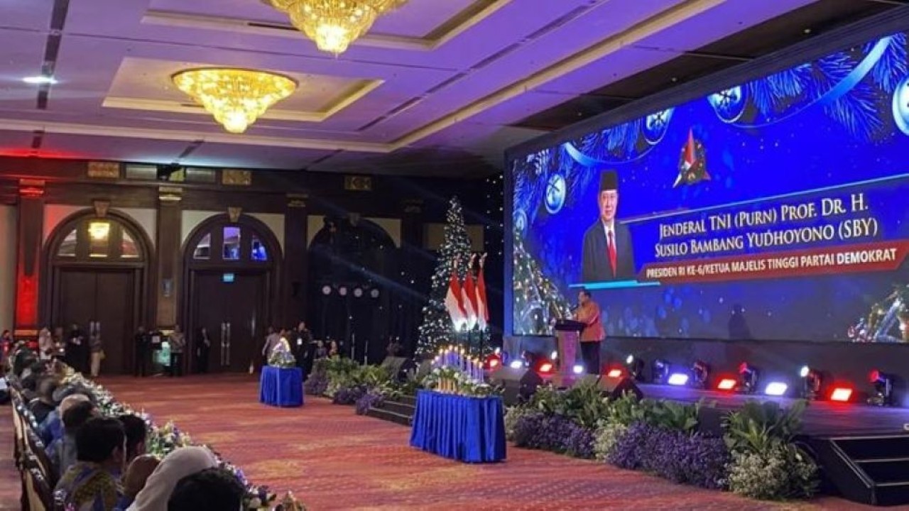 Ketua Majelis Tinggi Partai Demokrat Susilo Bambang Yudhoyono (SBY) menyampaikan pidato dalam Perayaan Natal Nasional Partai Demokrat dan Tahun Baru 2026 di Jakarta, Senin 12 Januari 2026. (Foto: ANTARA/Fath Putra Mulya)