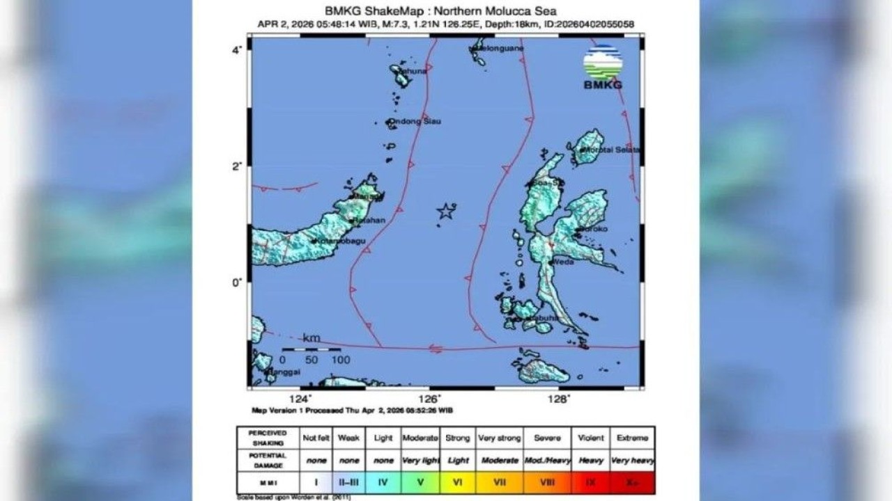 BMKG merilis pusat gempa yang terjadi di antara Provinsi Maluku Utara dan Sulawesi Utara, Kamis (2/4/2026). (Foto: ANTARA/HO-BMKG)