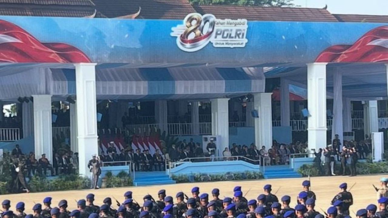 Presiden Prabowo Subianto menghadiri puncak peringatan Hari Ulang Tahun ke-80 Bhayangkara di Satuan Latihan Brimob Polri, Cikeas, Kabupaten Bogor, Jawa Barat, pada Rabu, 1 Juli 2026 (Foto: NTVnews)