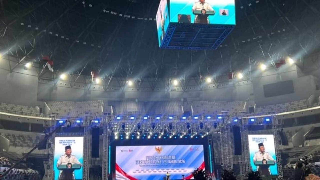 Presiden Prabowo Subianto saat menghadiri Hari Koperasi Nasional (Harkopnas) ke-79 di Indonesia Arena, Kompleks Gelora Bung Karno (GBK) Jakarta, Minggu, 12 Juli 2026. (Foto: NTVnews)